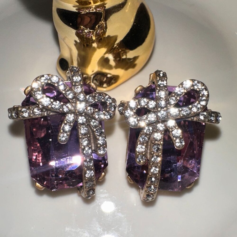 Baroque Purple Faceted Crystal Statement Earrings with Rhinestone Bow